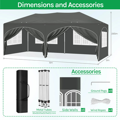 Paviljoen - Tuinpaviljoen - Partytent - Tuintent - Pop-up Kliksysteem - Stabiel - Vouwtent - Opvouwbaar - Weerbestendig - met 6 Zijwanden - 50+UV-Bescherming - voor Tuin - Buiten - Achtertuin - 210D Oxford - 3 x 6 m - Grijs - QUORE