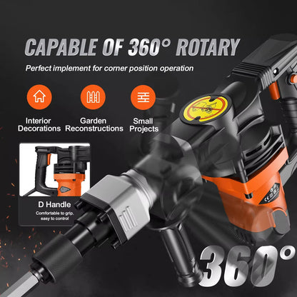 Elektrische Sloophamer – Krachtige Breekhamer met 1400W Industriële Motor – Voorhamer - Moker - Jack Hammer – Inclusief Schokabsorberende Handgreep – Ideaal voor Beton - Steen en Renovatieklussen