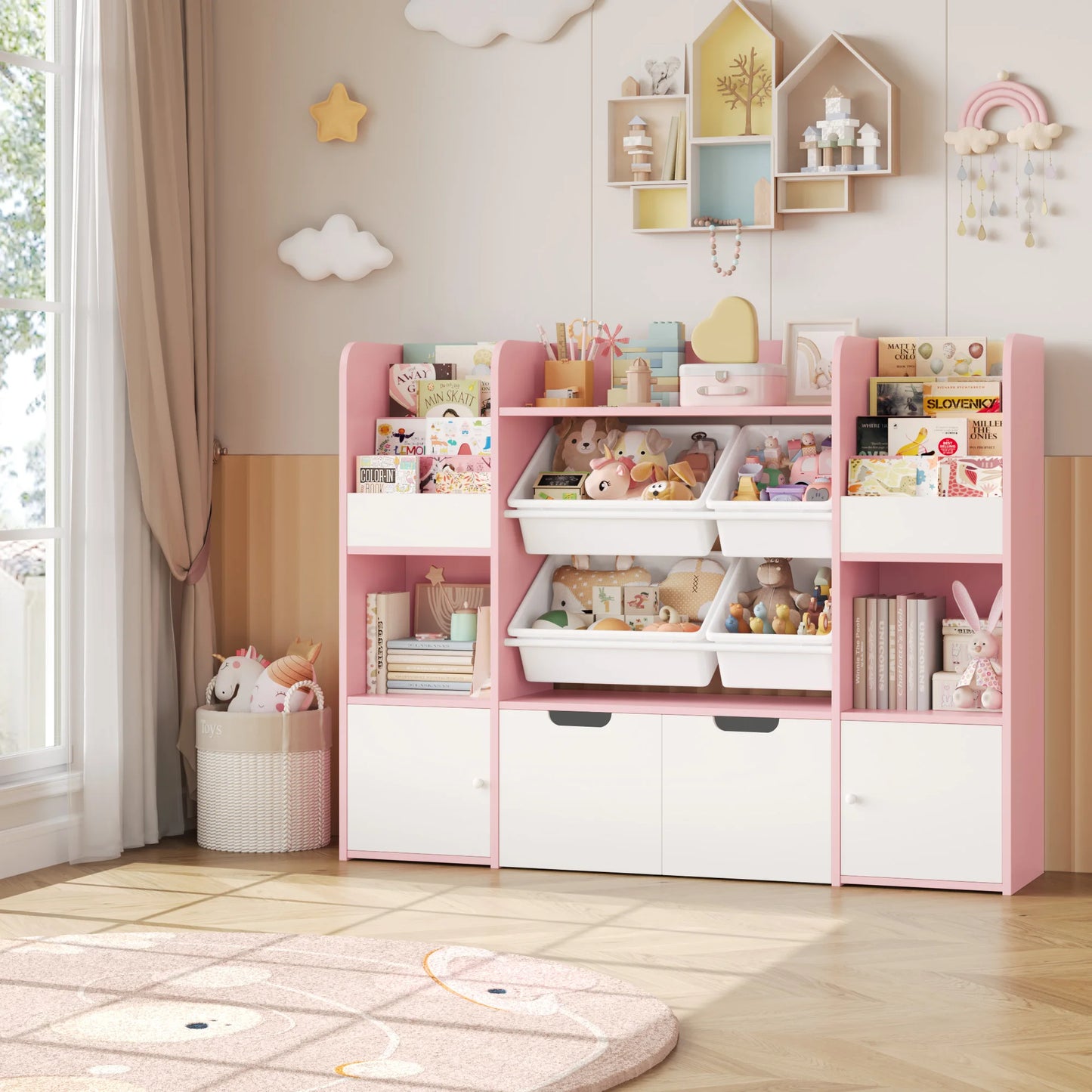 Speelgoedopberger – Speelgoedkast – Kinderkast – Boekenkast – Opbergkast – Zachtroze Variant – 13 Ruime Vakken – Stevige Houten Constructie