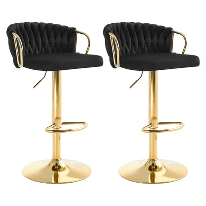 WOLTU 2PCS Velvet Bar Stool Height Adjustable Bar Chair with Braided Backrest 360° Rotatable Kitchen Stool with Metal Footrest