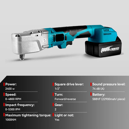 Accu Ratel - Elektrische Ratelsleutel - Accu ratelsleutel – 20V – 1000NM – 4800RPM - 1/2'' - Verwijdering Moer Gereedschap voor Auto Reparatie + 2 Accu's (EU Plug) - QUORE