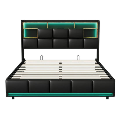 Opbergbed – Hydraulisch Bed – Opbergruimte Bed – LED Bed – USB Bed – Zwart PU Design – Maximale Belastbaarheid 340 Kg