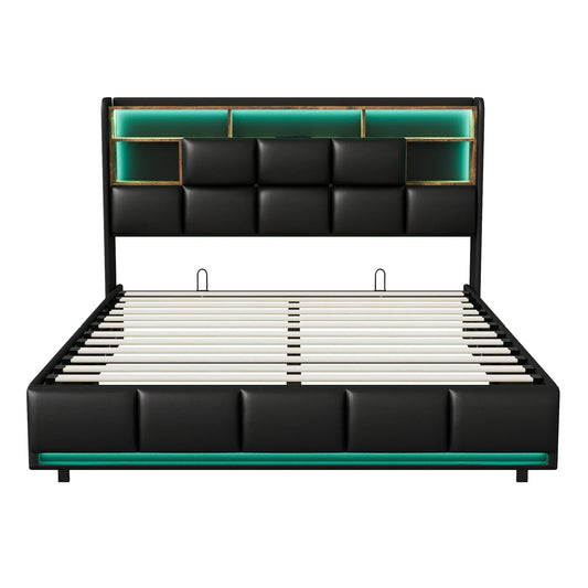 Opbergbed – Hydraulisch Bed – Opbergruimte Bed – LED Bed – USB Bed – Zwart PU Design – Maximale Belastbaarheid 340 Kg