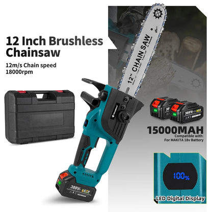 Elektrische Kettingzaag - Snoeizaag - Kettingzaag Accu - Handzaag - 2000W - 12 Inch - Borstelloze - LED Display - voor Tuin- en Houtbewerkingsgereedschap - 1 Accu