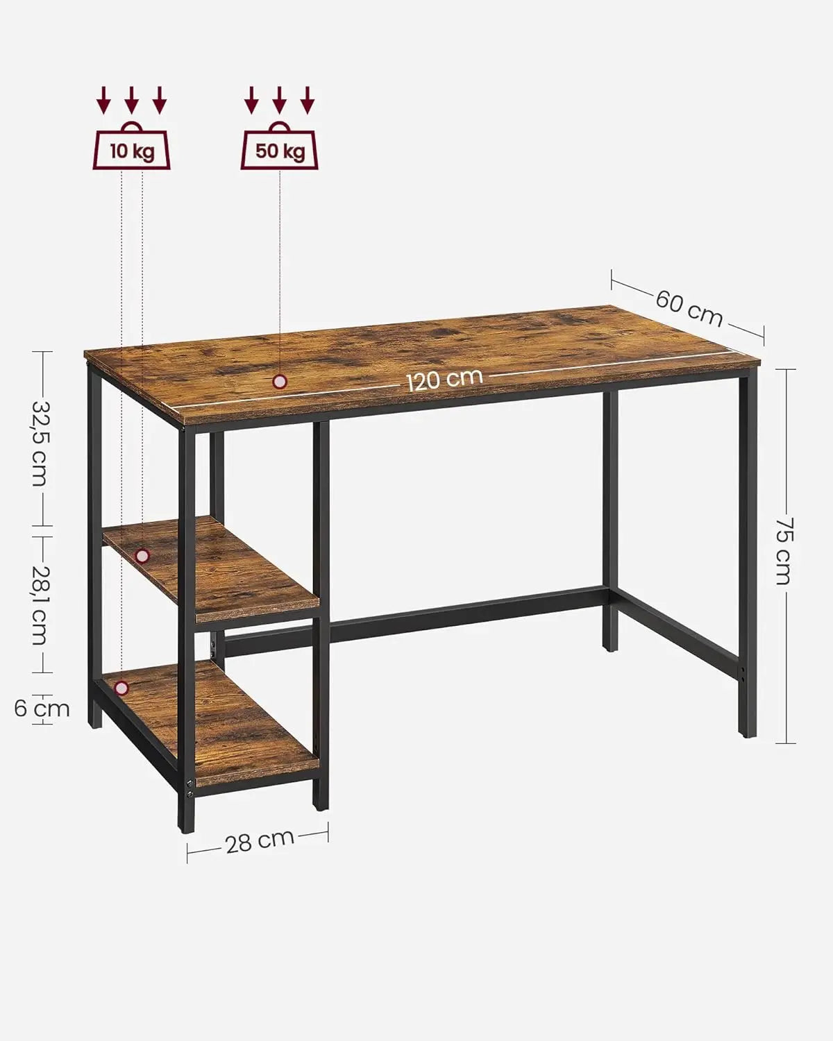Tafel - Gaming Desk - Gaming Tafel - Computertafel - Computer bureau - 120x60x75 cm – Robuust Tafelblad – Stalen Frame – Rustiek Bruin/Zwart - QUORE