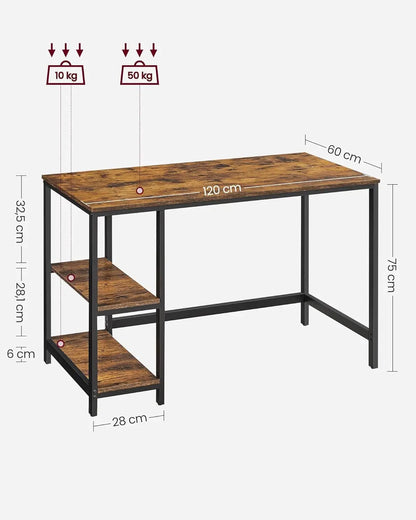 Tafel - Gaming Desk - Gaming Tafel - Computertafel - Computer bureau - 120x60x75 cm – Robuust Tafelblad – Stalen Frame – Rustiek Bruin/Zwart - QUORE