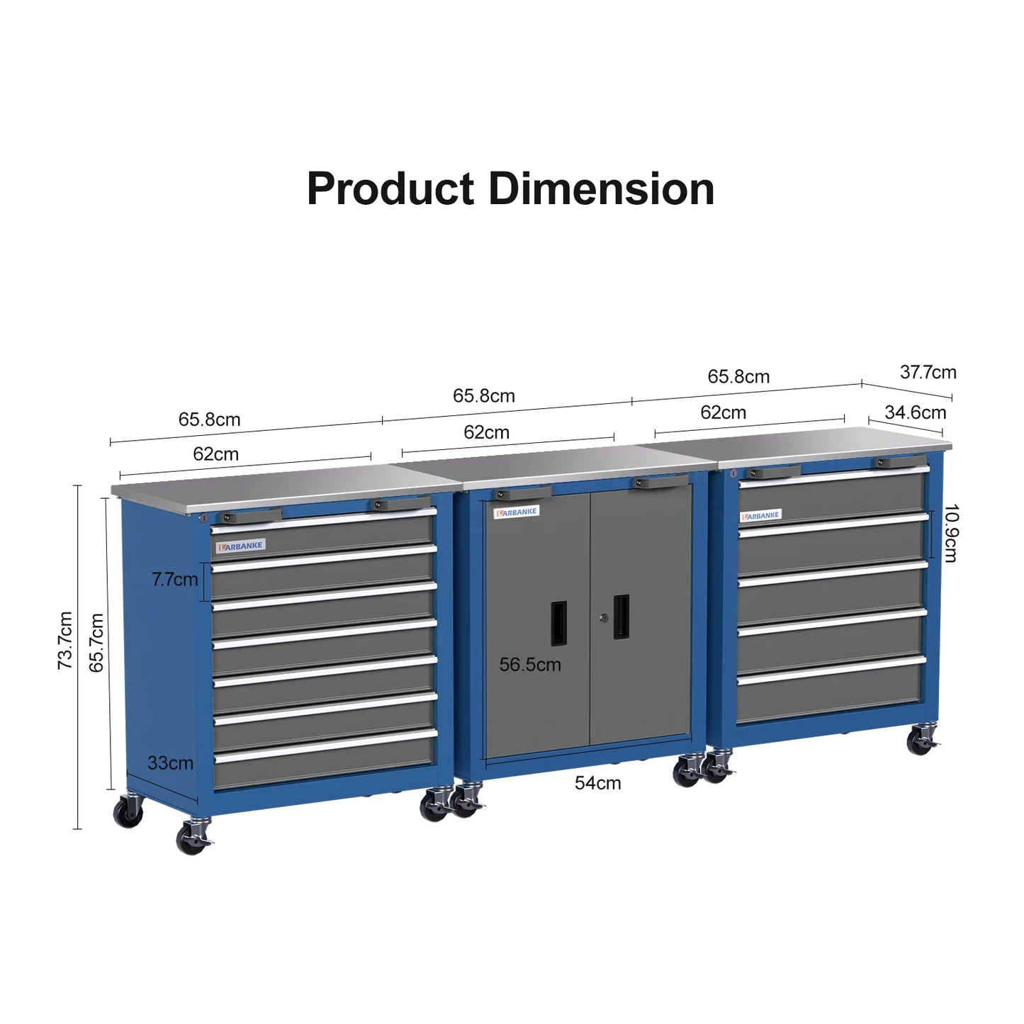 Modulaire Gereedschapskast - Werkplaatswagen - Gereedschapswagen - 5 of 7 Lades - Dubbeldeurs - met Slot & Wielen - Metalen Werkbank - Opbergkast Werkplaats - Blauw