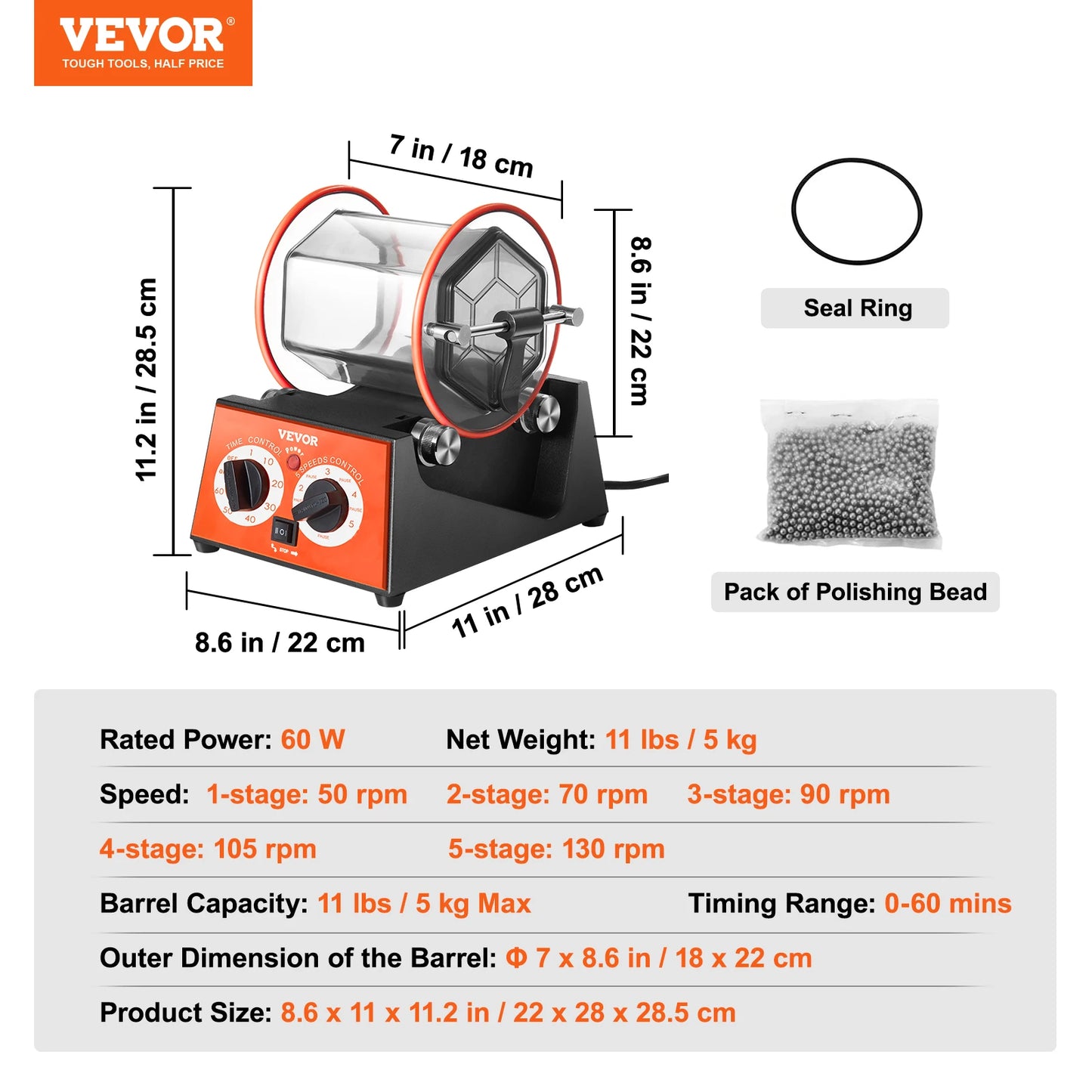 VEVOR 3 /5kg Rotary Tumbler Surface Polisher Jewelry Polishing Machine Finishing Machine with Polishing Bead for Chamfering