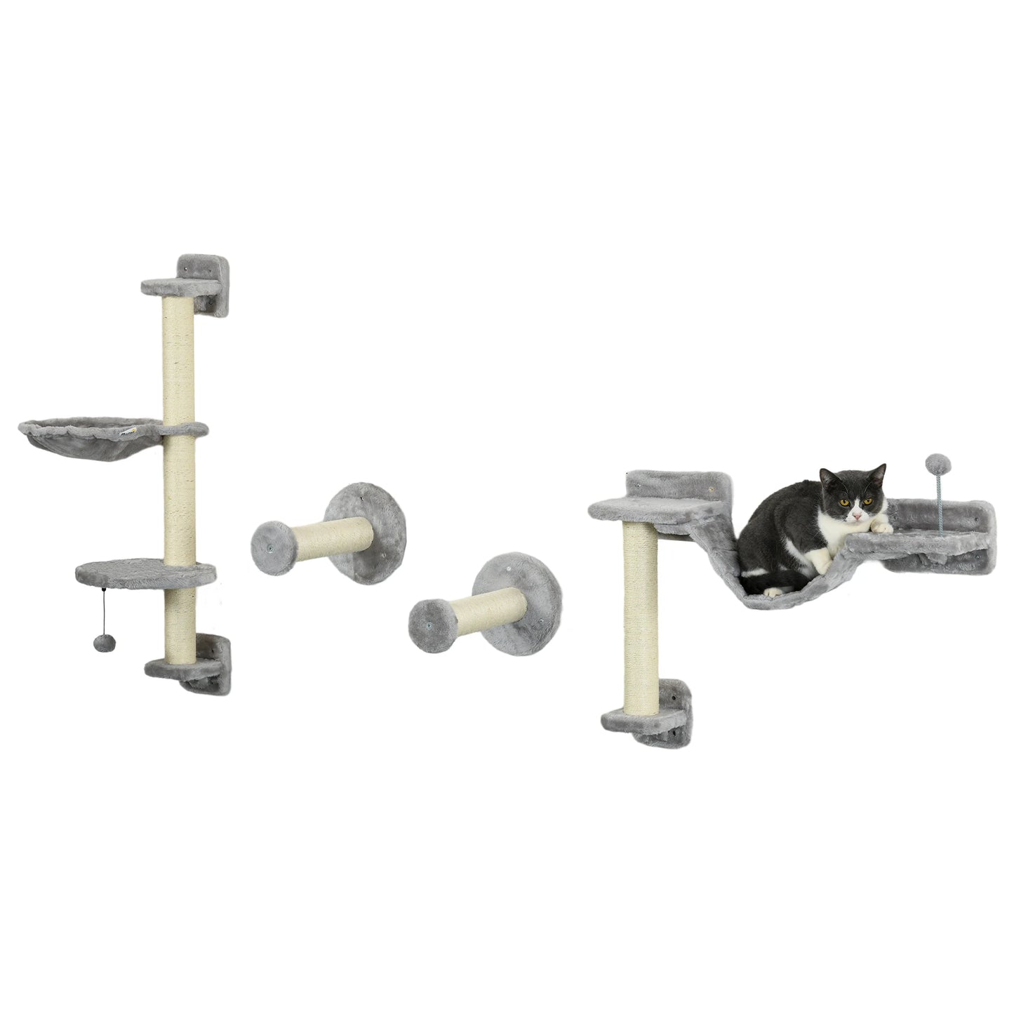 Klimrek - Klimrekken voor Kat - met - Hangmat - Bal - Set van 4 - Muur Bevestigd - Houtspaanplaat - Polyester Pluche - Maximale Capaciteit van 6-8 kg - 84.5x19x54 cm - Grijs - QUORE