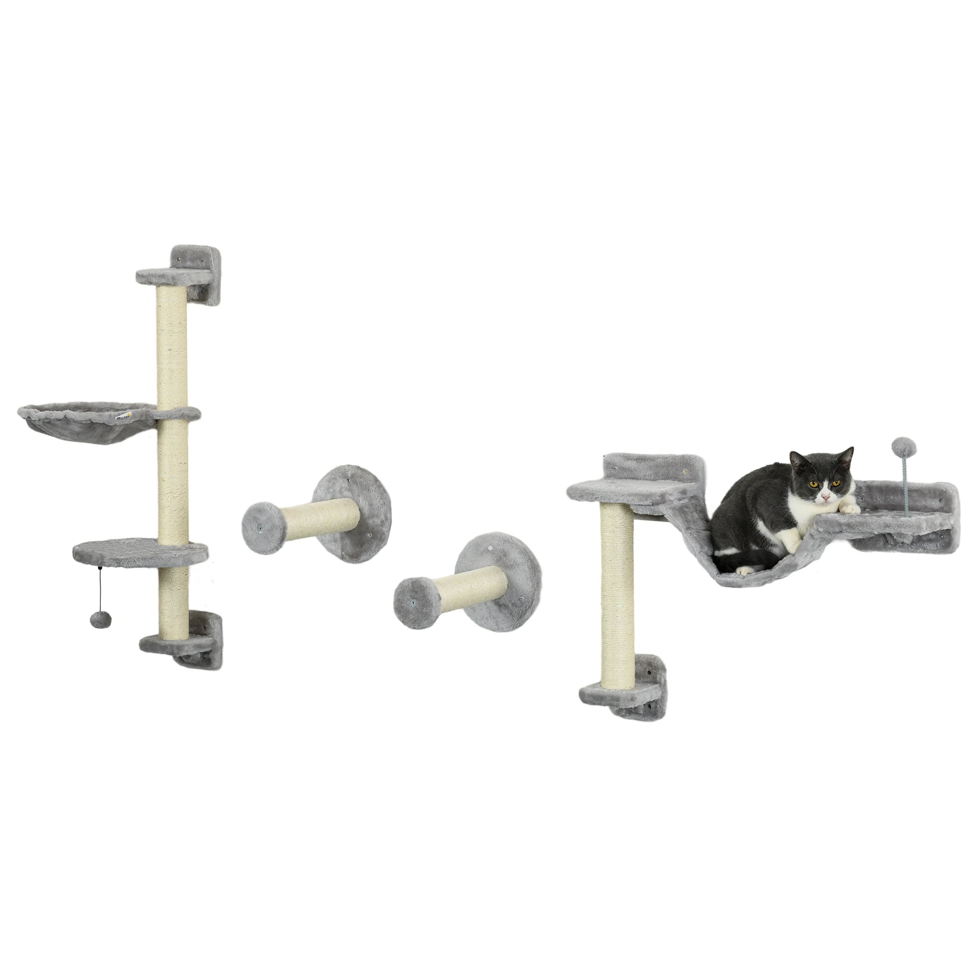 Klimrek - Klimrekken voor Kat - met - Hangmat - Bal - Set van 4 - Muur Bevestigd - Houtspaanplaat - Polyester Pluche - Maximale Capaciteit van 6-8 kg - 84.5x19x54 cm - Grijs - QUORE
