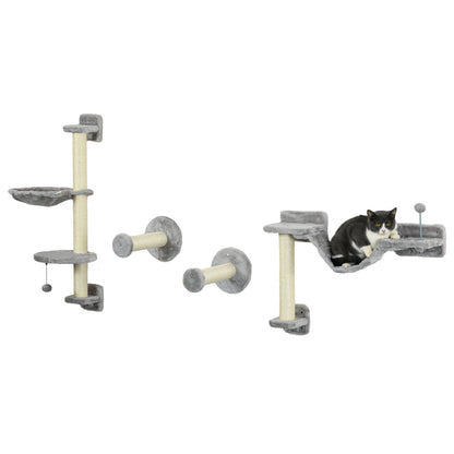 Klimrek - Klimrekken voor Kat - met - Hangmat - Bal - Set van 4 - Muur Bevestigd - Houtspaanplaat - Polyester Pluche - Maximale Capaciteit van 6-8 kg - 84.5x19x54 cm - Grijs - QUORE