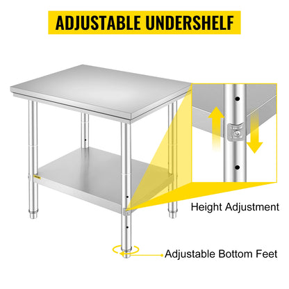 Keukenwerktafel - Kookeiland - Kookeiland - Tafel - Commerciële Horeca Tafel - 24x24x35 inch - 330LBS - met Onderblad Roestvrij Staal - QUORE