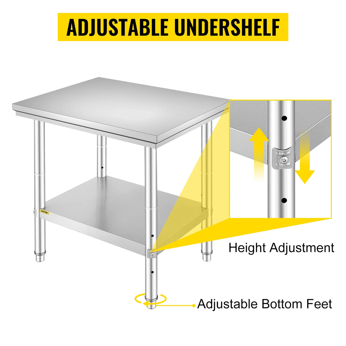 Keukenwerktafel - Kookeiland - Kookeiland - Tafel - Commerciële Horeca Tafel - 24x24x32 inch - 330LBS - met Onderblad Roestvrij Staal - QUORE