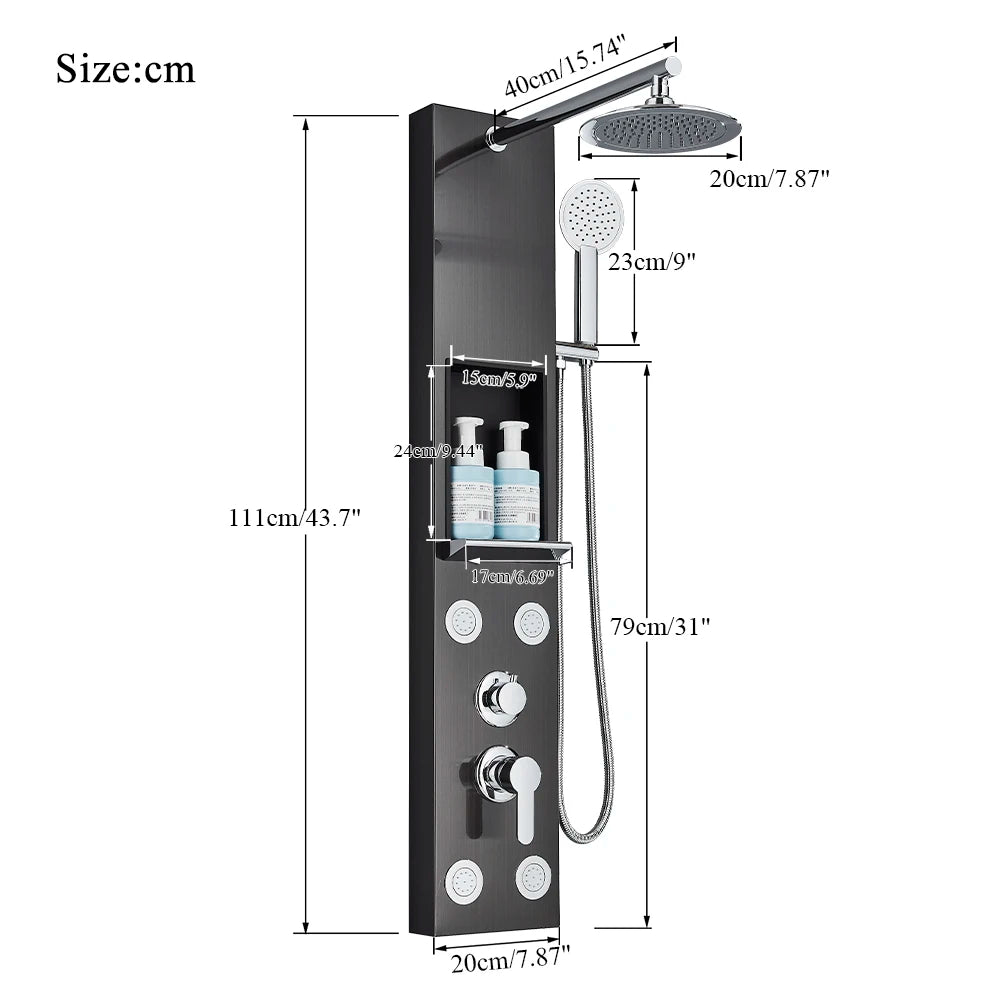 Douche - Regendouche - Douchewand - Douchekolom - Douchepanelen - Douchezuil met Opbergrek - Regendouche - Massagejets - Dubbele Handgreep - Zwart - QUORE