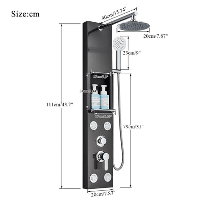 Douche - Regendouche - Douchewand - Douchekolom - Douchepanelen - Douchezuil met Opbergrek - Regendouche - Massagejets - Dubbele Handgreep - Zwart - QUORE