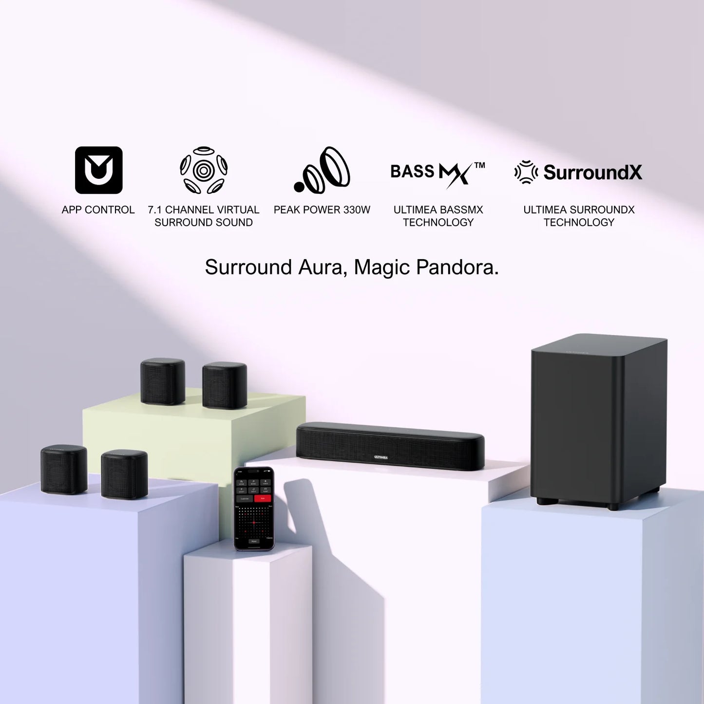Aura A40 Soundbar – Surround Sound Systeem – Home Cinema Geluid – Draadloze Speaker – Thuisbioscoop Audio – 7.1 Surround Met App Bedienig – Krachtige 4-inch Subwoofer - QUORE