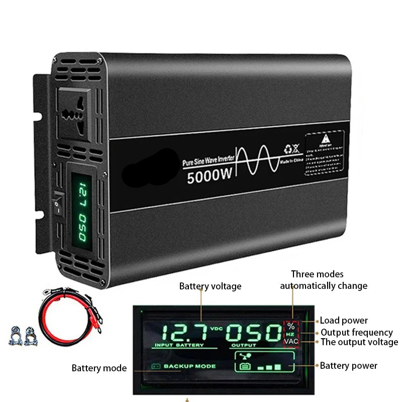 Stroomomvormer – Omvormer – Spanningsomvormer – 12V Naar 220V – Zuivere Sinusgolf – 5000W Continu Vermogen – LCD-Display