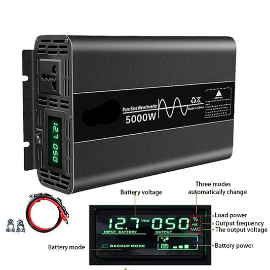 Stroomomvormer – Omvormer – Spanningsomvormer – 12V Naar 220V – Zuivere Sinusgolf – 5000W Continu Vermogen – LCD-Display