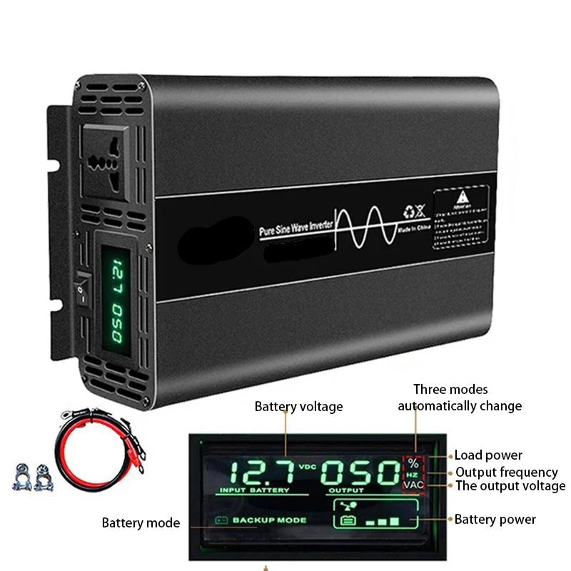 Power Inverter – Spanningsomzetter – Mobiele Stroomvoorziening – 12V Naar 220V – Puur Sinusgolf – 4000W Vermogen – LCD-Display