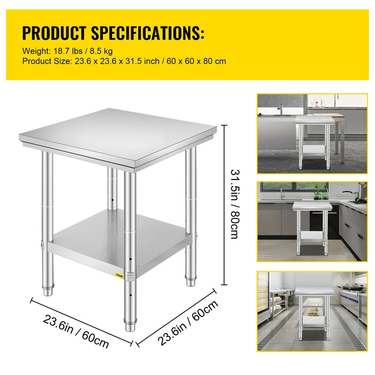 Keukenwerktafel - Kookeiland - Kookeiland - Tafel - Commerciële Horeca Tafel - 24x24x32 inch - 330LBS - met Onderblad Roestvrij Staal - QUORE