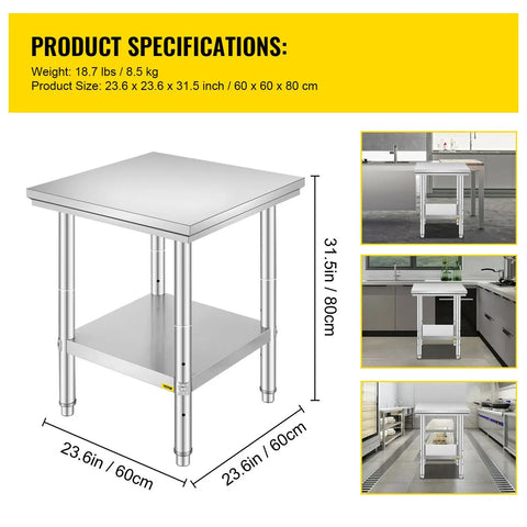 Keukenwerktafel - Kookeiland - Kookeiland - Tafel - Commerciële Horeca Tafel - 24x24x32 inch - 330LBS - met Onderblad Roestvrij Staal