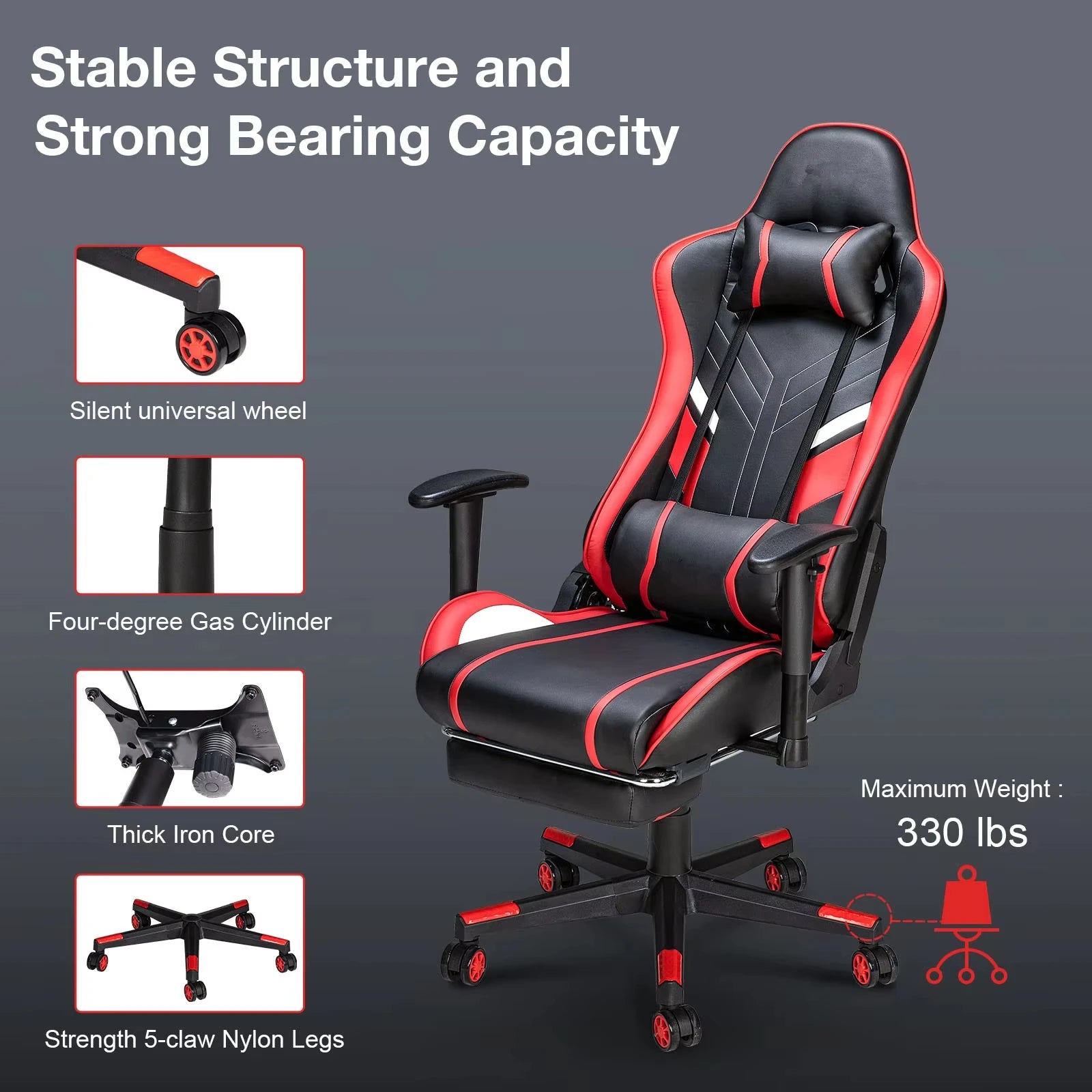 Gamingstoel – Bureaustoel – Office Chair – Gamestoel – Stoel Met Massagefunctie – Ergonomisch Design – Verstelbare Rugleuning Tot 175° - Zwart & Red - QUORE