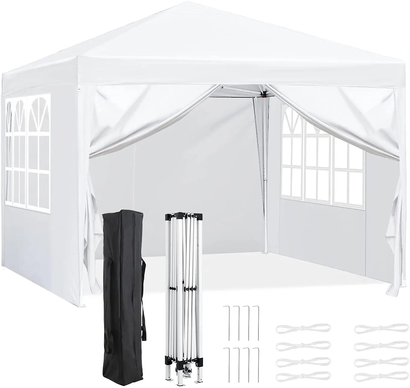 Partytent - Tent - Partytent Opvouwbaar - Pop up Tent - Pop-Up Partytent met Zijwanden - 3x3m - Verstelbare Hoogte, Ramen & Wieltas - Wit
