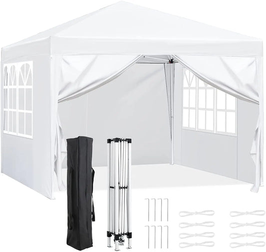 Partytent - Tent - Partytent Opvouwbaar - Pop up Tent - Pop-Up Partytent met Zijwanden - 3x3m - Verstelbare Hoogte, Ramen & Wieltas - Wit