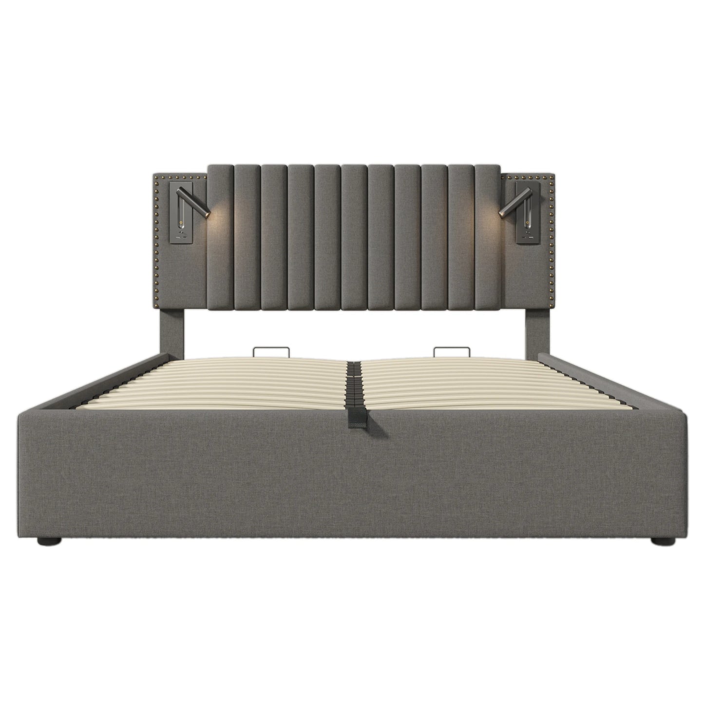 Gestoffeerd Tweepersoonsbed – Bedframe – Slaapbank – Ledikant – Bedbodem – Grijs 160x200 cm – Met USB-C Oplaadpoorten – Verstelbare Leeslamp