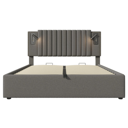 Gestoffeerd Tweepersoonsbed – Bedframe – Slaapbank – Ledikant – Bedbodem – Grijs 160x200 cm – Met USB-C Oplaadpoorten – Verstelbare Leeslamp