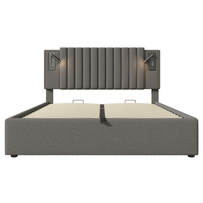 Tweepersoonsbed – Bedframe – Opbergbed – Boxspringbed – Slaapbank – Grijs Katoenen Stof – Verstelbaar Hoofdeinde & USB-oplaadfunctie – 180x200 cm
