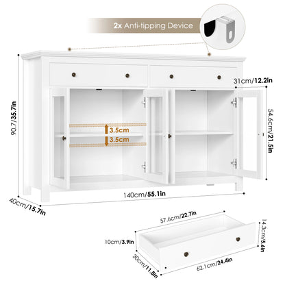 Sideboard – Dressoir – Buffetkast – Opbergkast – Wit – 140x90,7x40 cm – Met Verstelbare Planken en Stil Scharnierend Glas