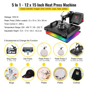 5-in-1 Hittepersmachine – 12x15 Inch Multifunctionele Sublimatie Pers – T-Shirts, Mokken, Hoeden & Borden