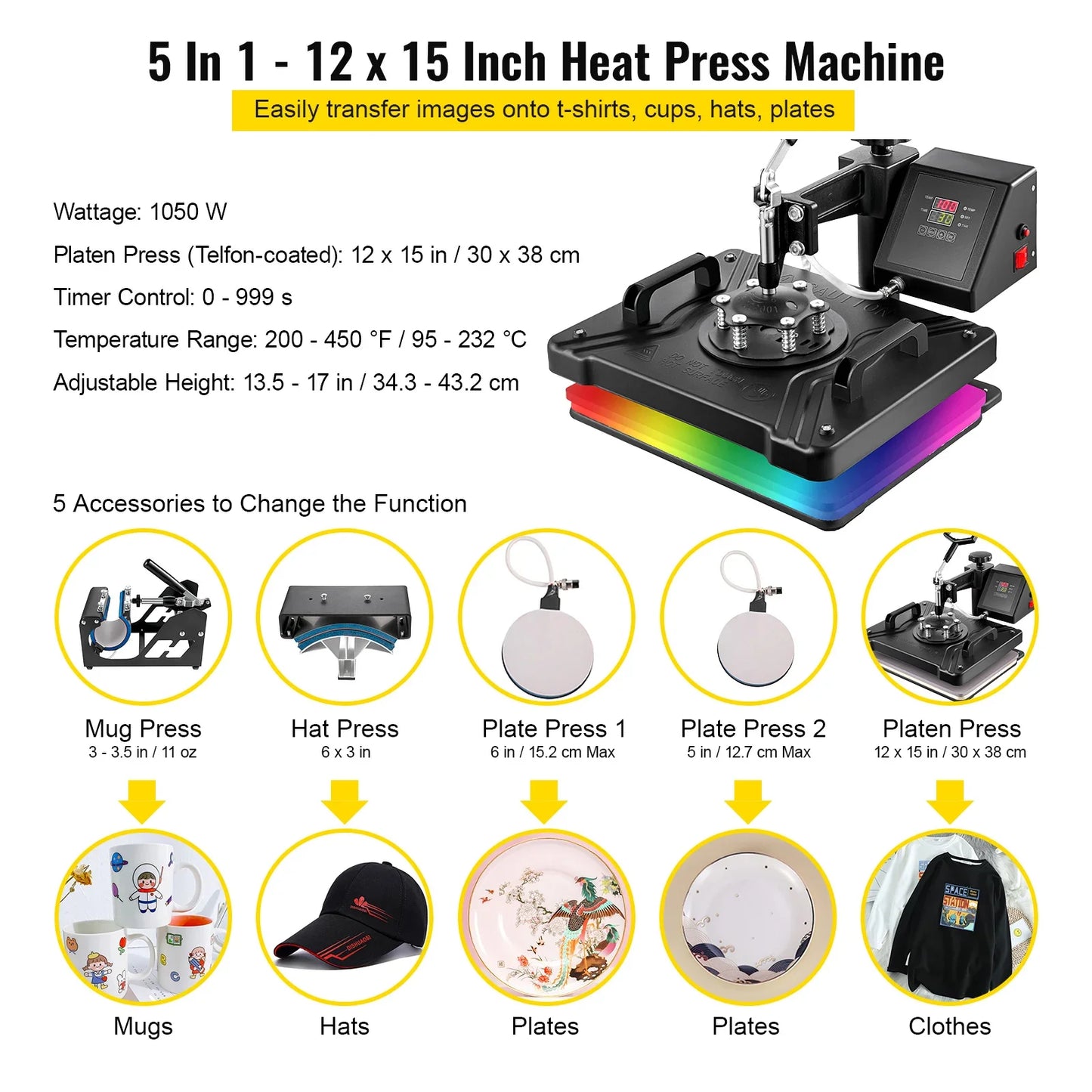 5-in-1 Hittepersmachine - 12x15 Inch Multifunctionele Sublimatie Pers - Geschikt voor T-Shirts - Mokken - Hoeden - Borden - 360° Swing-Away Design