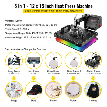 5-in-1 Hittepersmachine - 12x15 Inch Multifunctionele Sublimatie Pers - Geschikt voor T-Shirts - Mokken - Hoeden - Borden - 360° Swing-Away Design