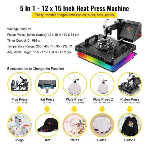 5-in-1 Hittepersmachine – 12x15 Inch Multifunctionele Sublimatie Pers – T-Shirts, Mokken, Hoeden & Borden