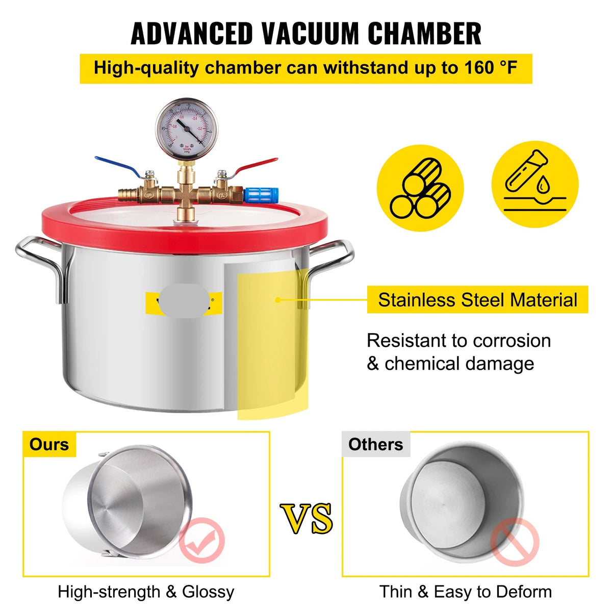 Vevor - Vacuum Chamber - 1.5 Gallon Vacuum Degassing Chamber - Glass Lid - Stainless Steel Degassing Chamber - Silicone for Gas Extraction - Silver