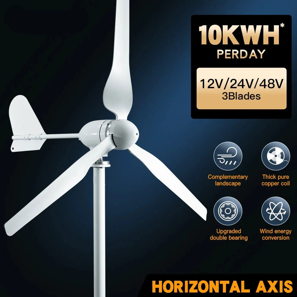 Windturbine - Windmolen - Windturbine Generator - Windenergie - 12V - 2000W - 3 Bladen - Horizontale Windmolen - met LCD Hybride Controller - Omvormer - Voor Huis – Off-Grid Systeem