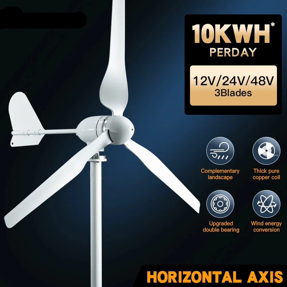Windturbine - Windmolen - Windturbine Generator - Windenergie - 24V - 2000W - 3 Bladen - Horizontale Windmolen - met MPPT Hybride Controller - Voor Huis – Off-Grid Systeem