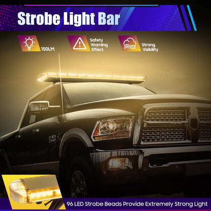Stroboscooplichtbalk – Signaleringlamp – Waarschuwingslicht – Flitsbalk – Gele LED Lichtbalk – 96W 16 Flitsmodi – 360° Zichtbaarheid IP65 Waterdicht