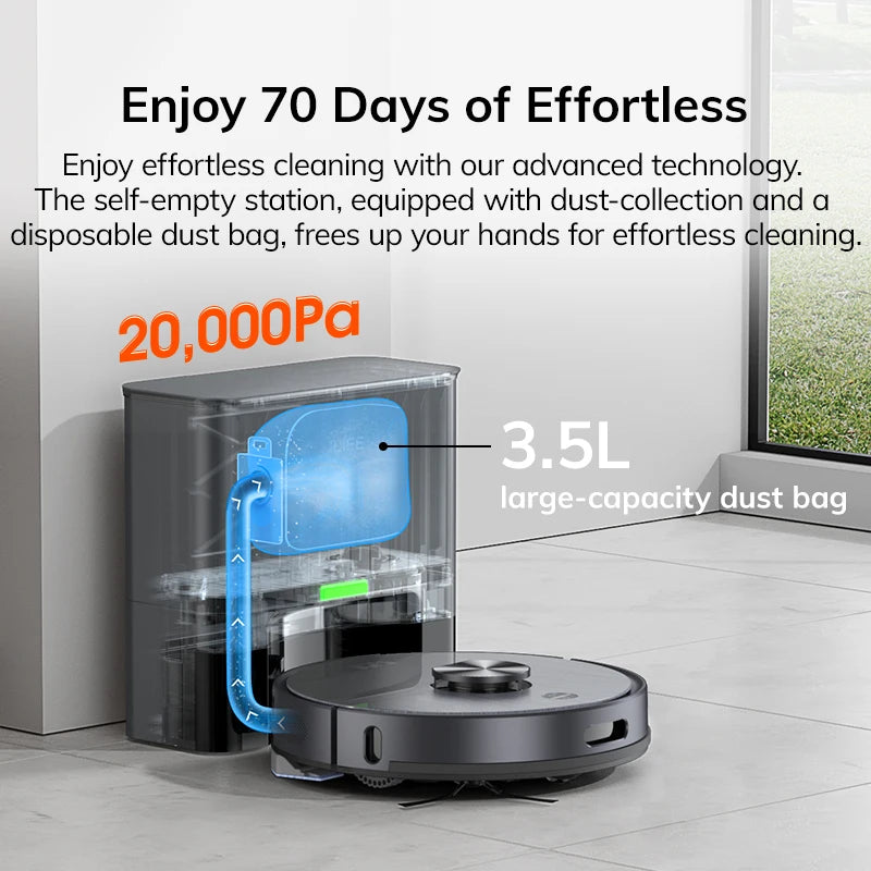 Robotstofzuiger - Vacuum Cleaner - Roborock - Draadloze - Dweilrobot - 5000Pa - LDS - Auto Ledigingsstation - voor 60 Dagen Handsfree Reiniging, Stofzuigen en Moppen, Nat/Droog Veegfunctie