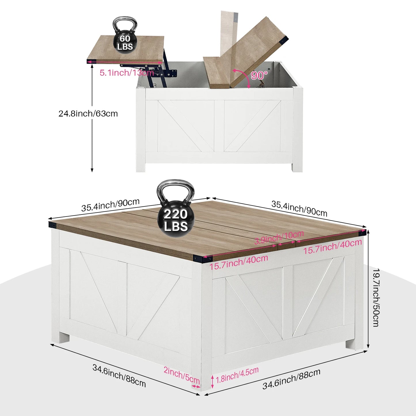 Salontafel – Koffietafel – Opbergtafel – Tafeltje – Houten Tafel – Hydraulisch Liftsysteem – Ingebouwde USB Poorten - 90 x 90 x 50 cm - Grijs