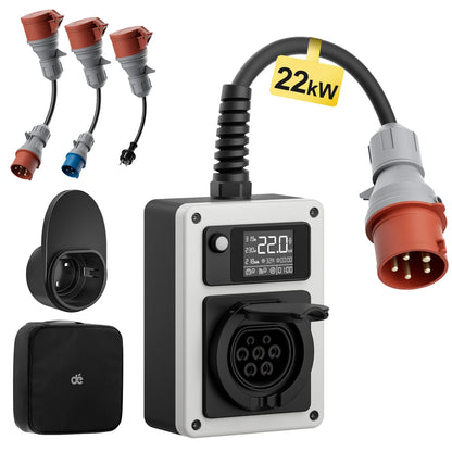 Mobiele 22kW Wallbox – Mobiele Lader – Draagbare Charger – Elektrische Oplader – EV Laadpunt – Travel Set met App – Instelbare Laadstroom – Compact & Weerbestendig - QUORE