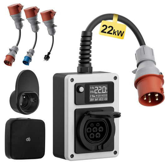 Mobiele 22kW Wallbox – Mobiele Lader – Draagbare Charger – Elektrische Oplader – EV Laadpunt – Travel Set met App – Instelbare Laadstroom – Compact & Weerbestendig - QUORE
