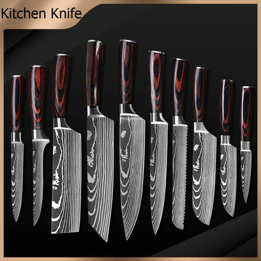 Kitchen knives - Knife set - Chef Knife - Knives - Kitchen Knife - High carbon stainless steel - Damascus pattern - Chopping knife set - Santoku chef's knife - 7 pieces