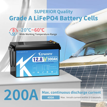 Li-ion Accu – Lithium Accu – LiFePO4 Accu – 12V 300Ah Accu – Deep Cycle Accu – Ingebouwd 200A BMS – Hoge Capaciteit 3840Wh - QUORE