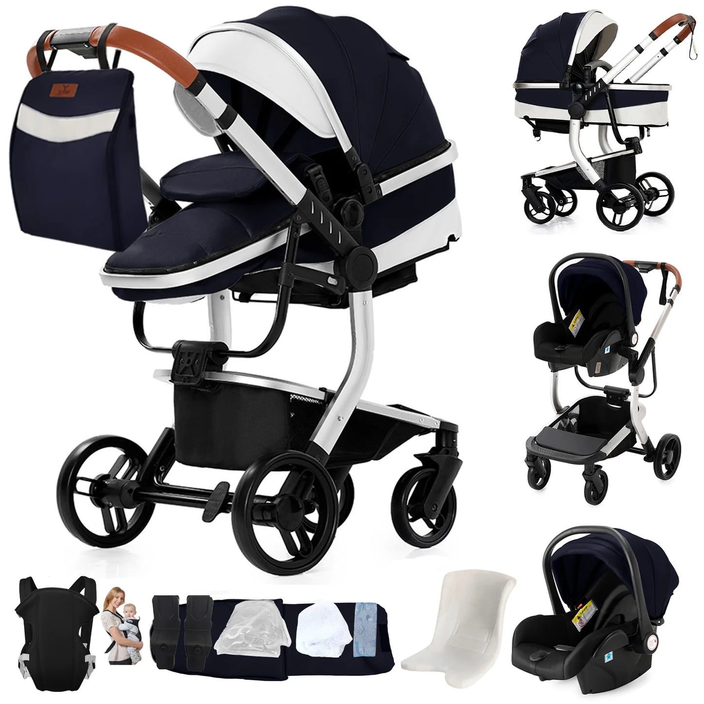 3 in 1 Baby Stroller with Leather Handle High Landscape Foldable Lightweight Pushchair Reclining Seat for Newborn to Toddler