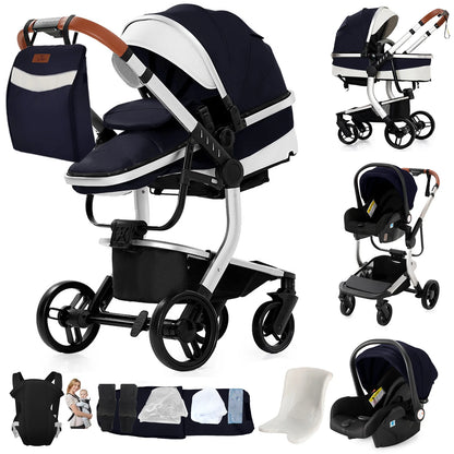 3 in 1 Baby Stroller with Leather Handle High Landscape Foldable Lightweight Pushchair Reclining Seat for Newborn to Toddler