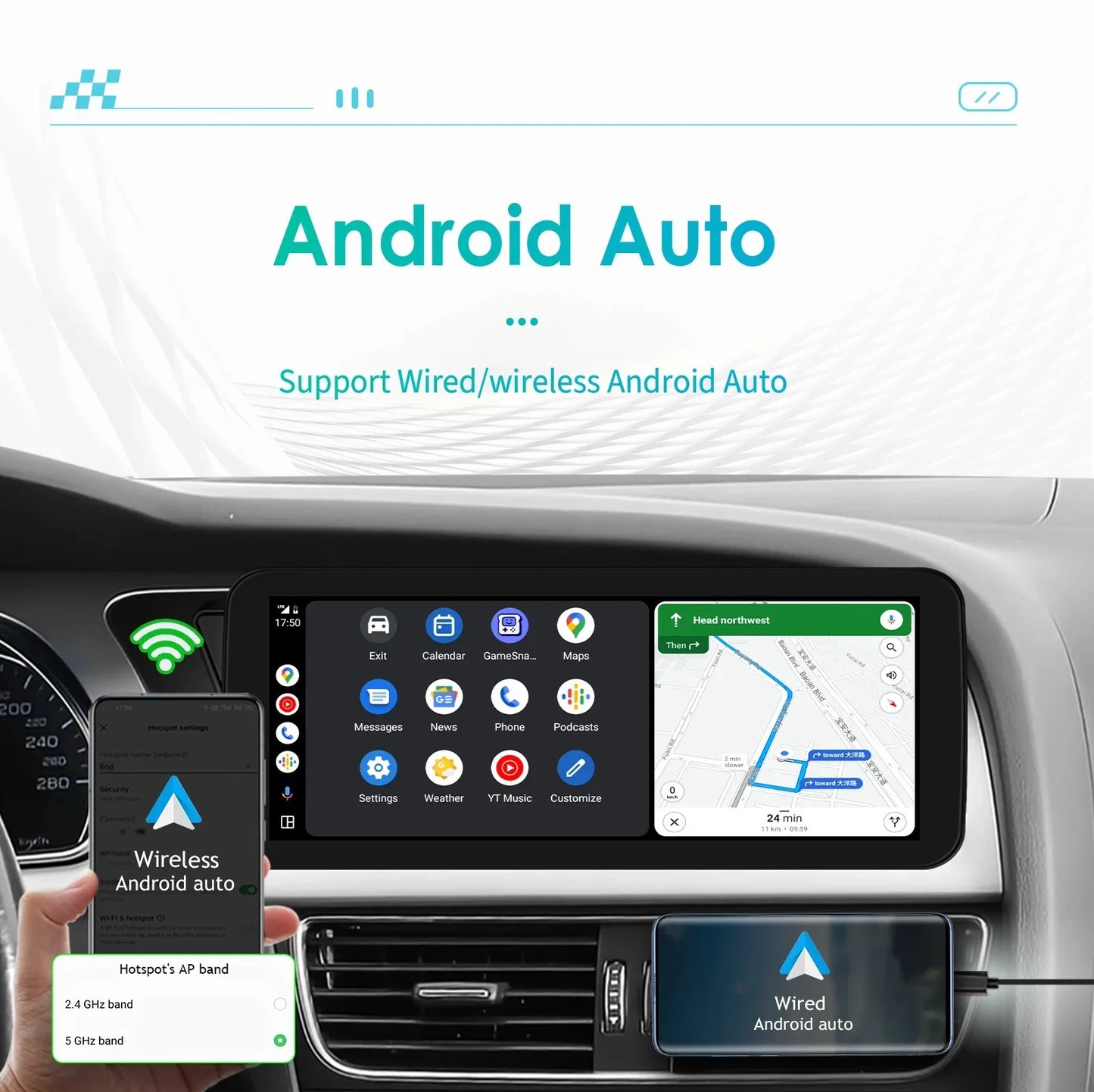 Multimedia Autoradio – 2DIN Radio – GPS Navigatie – Bluetooth Stereo – W6 Lower Variant – Android 13 Systeem – 1600x720 QLED-Scherm