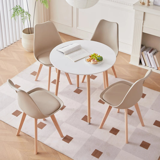 Eetkamermeubelset – Ronde Eettafel – Stoelen Set – Keukenmeubilair – Balkontafel – PU Lederen Kussens – Massief Hout – 80x80 cm Ronde Tafel – Krasvrije Vloerdempers